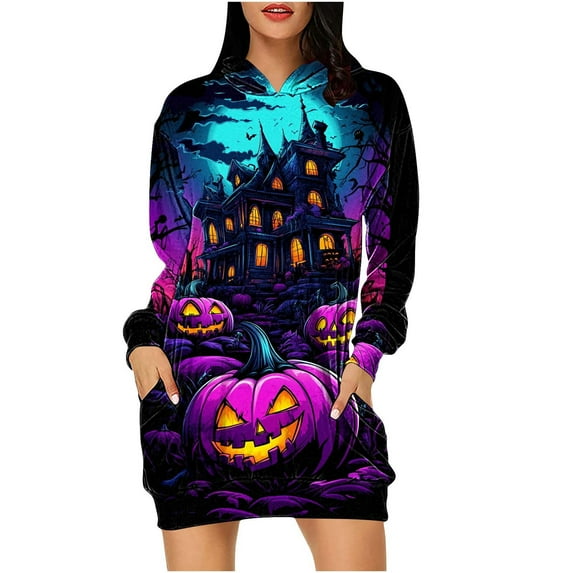 SwiftWear Women’s Halloween Hoodie Dress - Oversized Sweatshirts Dress with Skull Print & Double Pockets