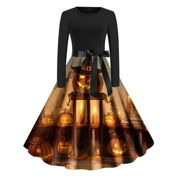 SwiftWear Women's Halloween Long Sleeve 3D Spooky Print A-line Dress Comfortable Party Dresses for Fall Celebrations