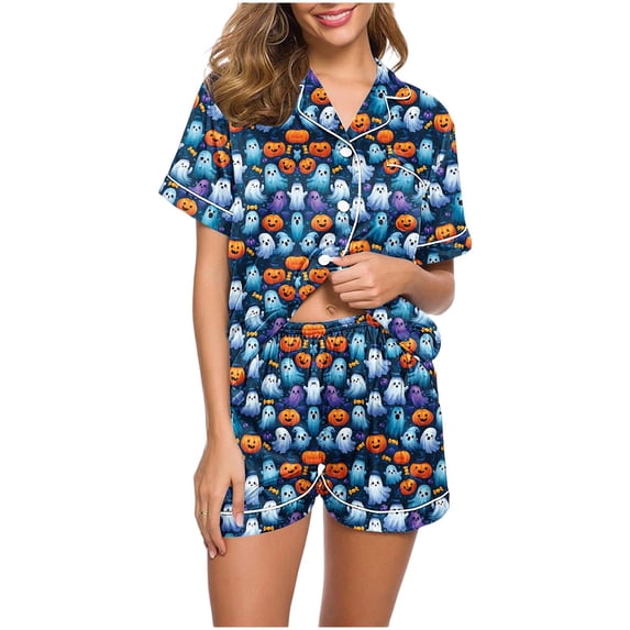 SwiftWear Women's Halloween Pajamas Set Collared Button Down Sleepwear Cute Pjs 2Piecec Lounge Shorts Set Soft Homewear