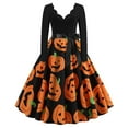 thumbnail image 1 of SwiftWear Women's Halloween V-Neck Pumpkin Print Long Sleeve Retro Dress - Spooky Delicate Party Plus Size Dresses with Stretchy Waist ​​S-3XL, 1 of 8