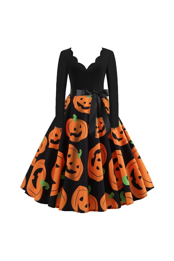 Women's Halloween V-Neck Pumpkin Print Long Sleeve Retro Dress - Spooky Delicate Party Plus Size Dresses with Stretchy Waist ​​S-3XL