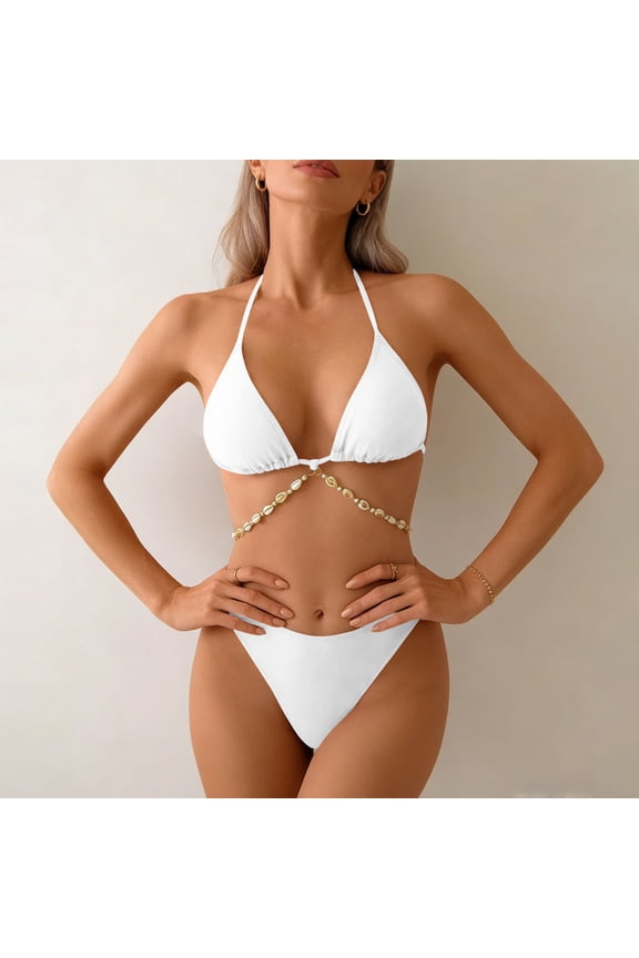 Women's Halter Triangle Bikini Set Seashell Chain High Cut Two-Piece Beach Swimsuit