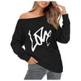 thumbnail image 1 of SwiftWear Women's Heart Print Black Off the Shoulder Sweatshirt - Graphic Casual Pullover with Asymmetrical Design, Soft Plus Size Tops, 1 of 4