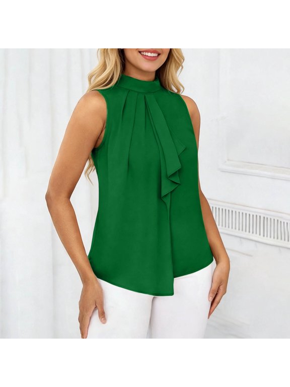 Women's High-Neck Dressy Casual Tank Tops Sleeveless Business Blouse Pleated Front Asymmetrical Modern Office to Evening Top