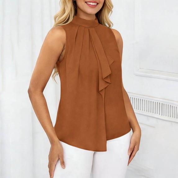 SwiftWear Women's High-Neck Dressy Casual Tank Tops Sleeveless Business Blouse Pleated Front Asymmetrical Modern Office to Evening Top