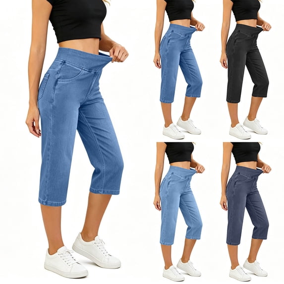 SwiftWear Women's High Rise Stretch Capri Jeans Slimming Straight Leg Pants with Pockets Pull-On Denim Trousers for Summer Casual Daily Wear