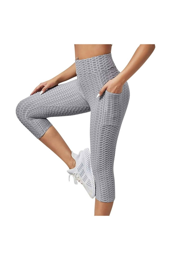 Women's High Waist Yoga Capri Pants with Pockets Butt Lift Tummy Control Leggings Textured Scrunch Booty Tights