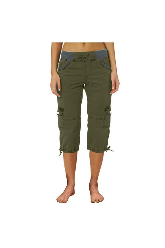 Women's High-Waisted Cotton Cargo Capris Comfortable Casual Pants with Multi-Pocket & Adjustable Drawstring Comfortable