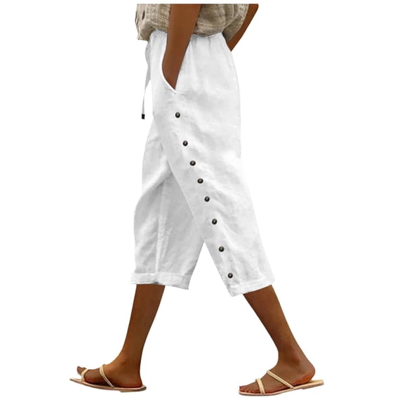 SwiftWear Women's High-Waisted Cotton Linen Blend Capri Pants - Drawstring Waist Casual Capris with Side Buttons & Pockets, Breathable Loose Cropped Pants S-2XL