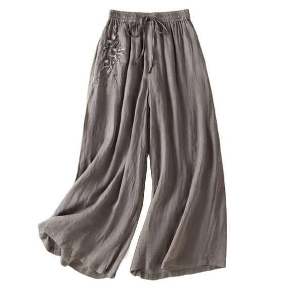 SwiftWear Women's High-Waisted Embroidered Drawstring Waist Flowy Wide-Leg Pants Plus Size Casual Palazzo Trousers with Elastic Band, Comfortable M-3XL