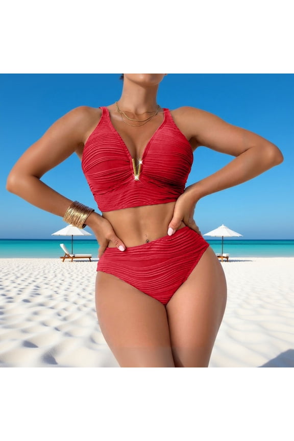Women's High Waisted Full Coverage Bikini Set Deep V Neck Ruffle Modest Sporty Two Piece Swimsuit Summer Beach Swim Bathing Suits