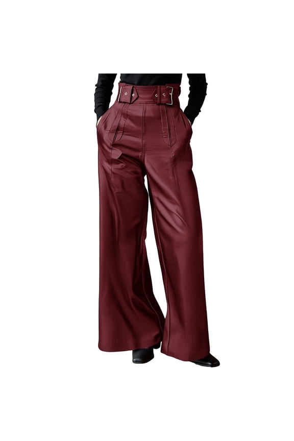 Women's High-Waisted PU Leather Wide Leg Pants, Plus Size Flare Trousers with Stretch Waistband & Pockets S-5XL