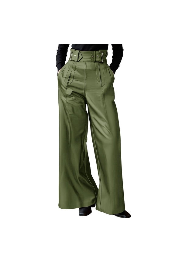 Women's High-Waisted PU Leather Wide Leg Pants, Plus Size Flare Trousers with Stretch Waistband & Pockets S-5XL
