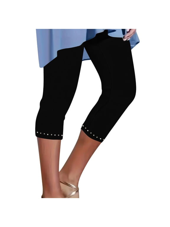 Women's High-Waisted Rhinestone Capri Leggings Pants - Solid Color Slim Fit Summer Capris with Crystal Details, Plus Size 3XL Available