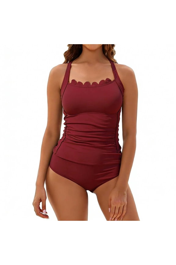 Women's High-Waisted Tankini Set Ruched Padded Top & Bikini Bottoms Wireless Bra Two-Piece Swimsuit for Vacation