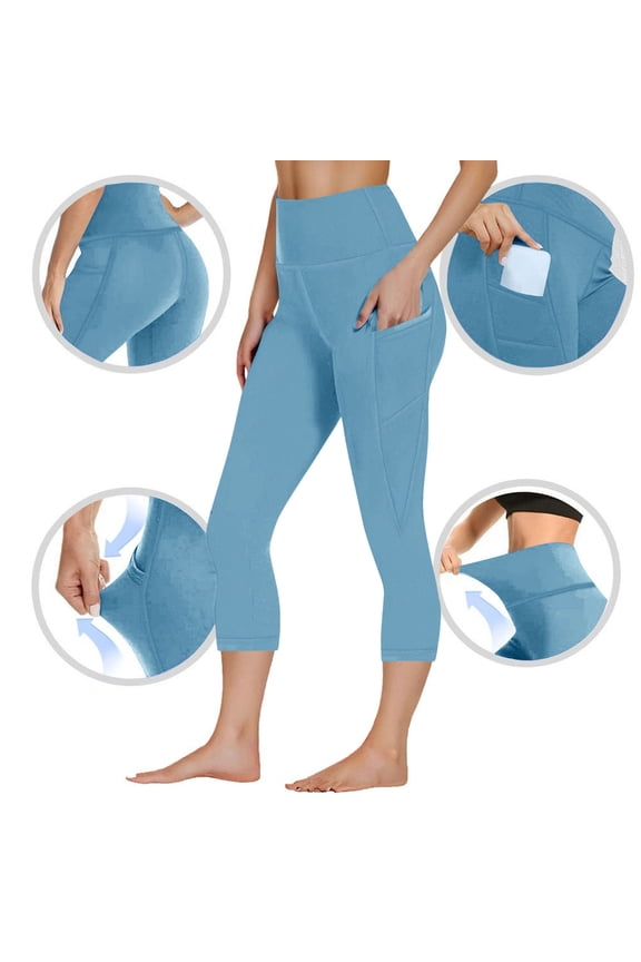 Women's High-Waisted Tummy Control Capri Pants - Solid Color Yoga Workout Capris with Side Pockets, Booty Lifting 7/8 Length Leggings S-3XL​
