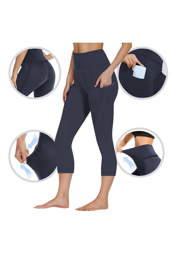Women's High-Waisted Tummy Control Capri Pants - Solid Color Yoga Workout Capris with Side Pockets, Booty Lifting 7/8 Length Leggings S-3XL