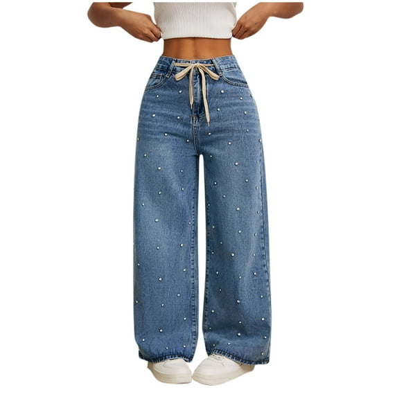 SwiftWear Women's High-Waisted Wide Leg Jeans with Pearl Details, Baggy Denim Pants with Drawstring Waist, Vintage Inspired Casual Jeans XS-XL
