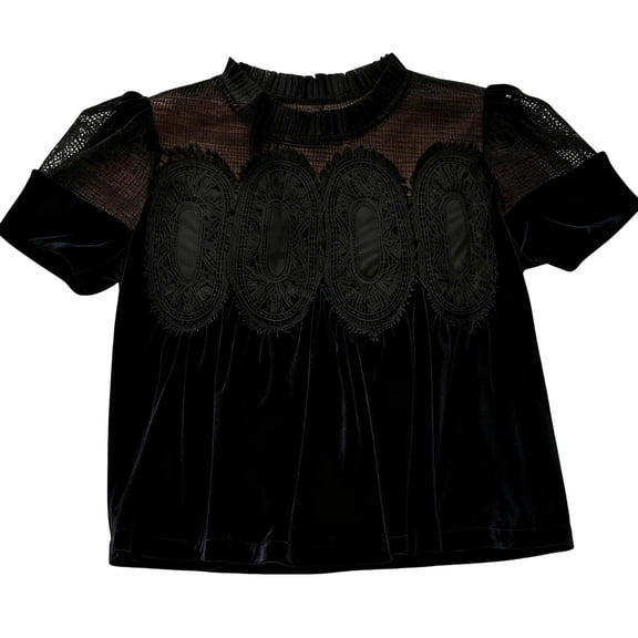 SwiftWear Women's Holiday Mesh Velvet Blouse Short Sleeve Flared Hem Swing Tops with Lace Detail, Party Wear Intricate Back Design Black