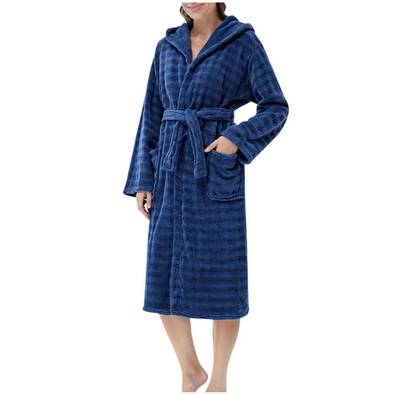 SwiftWear Women's Hooded Coral Fleece Fluffy Bathrobe Winter Plush Robe with Pockets, Soft Absorbent Spa Robe Cozy Loungewear and Bathroom Use, Blue