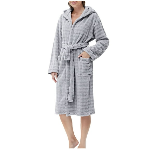 SwiftWear Women's Hooded Coral Fleece Fluffy Bathrobe Winter Plush Robe with Pockets, Soft Absorbent Spa Robe Cozy Loungewear and Bathroom Use, Gray