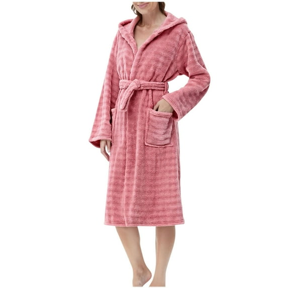 SwiftWear Women's Hooded Coral Fleece Fluffy Bathrobe Winter Plush Robe with Pockets, Soft Absorbent Spa Robe Cozy Loungewear and Bathroom Use, Red