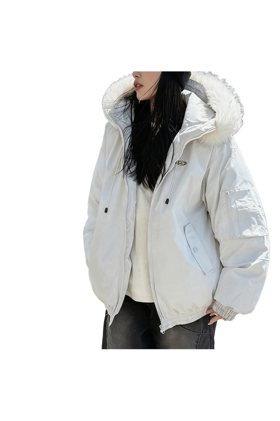 Women's Hooded Puffer Jacket with Pocket, Oversized Full Zipper Warm Winter Coat Casual Long Sleeve Quilted Outerwear, Beige