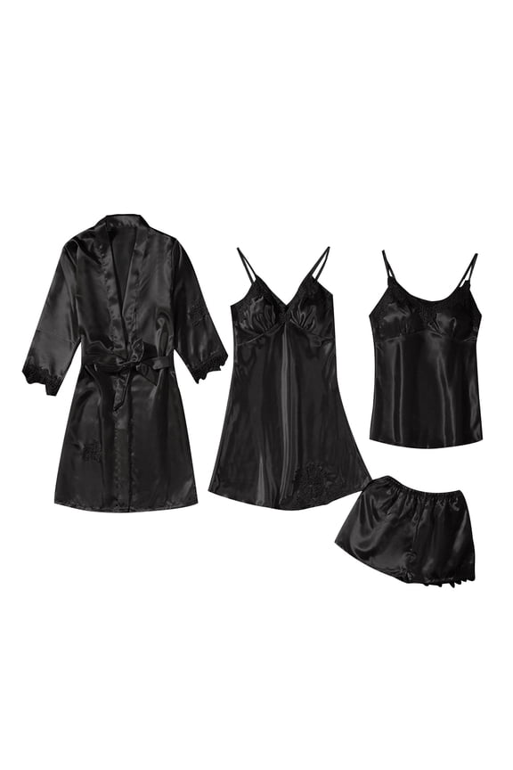 Women's Ice Silk Satin Pajama Set 4-Piece - Silky Dress,Shorts, Robe ,Cami Set | Breathable Summer Loungewear | Soft Luxurious Sleepwear for Women