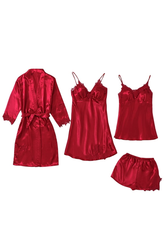Women's Ice Silk Satin Pajama Set 4-Piece - Silky Dress,Shorts, Robe ,Cami Set | Breathable Summer Loungewear | Soft Luxurious Sleepwear for Women