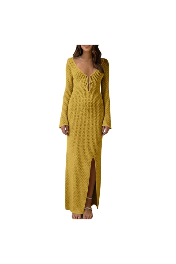 Women's Knit Hollow-Out Beach Cover Up Dresses Long Sleeve V-Neck Sun Protection Maxi Dress Stylish Bikini Coverup & Summer Resort Wear, Yellow