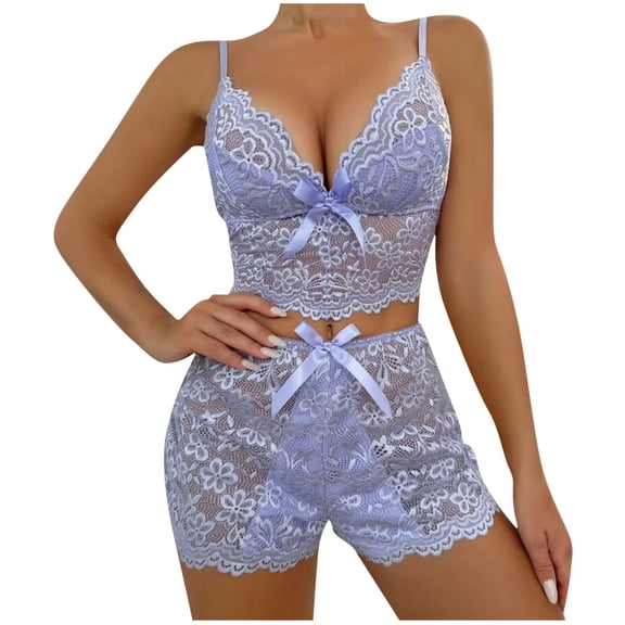 SwiftWear Women's Lace & Bowknot Pajama Set Delicate Sleepwear & Loungewear Adjustable Strap Cami with Built-in Bra and Shorts, Sheer Comfort Purple