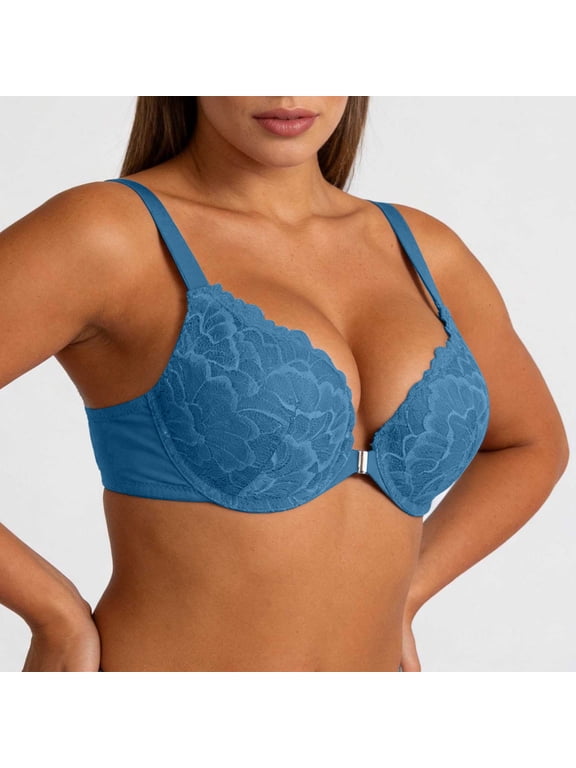 Women's Lace Front Closure Bra Plunge Push Up Racerback Underwire Supportive Bra