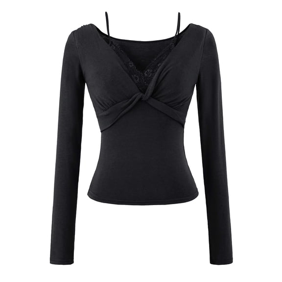 SwiftWear Women's Lace Trim V-Neck Blouse Long Sleeve Basic Tops Elegant Casual Soft Cotton Layering Shirt​​ Black