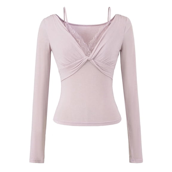 SwiftWear Women's Lace Trim V-Neck Blouse Long Sleeve Basic Tops Elegant Casual Soft Cotton Layering Shirt Purple