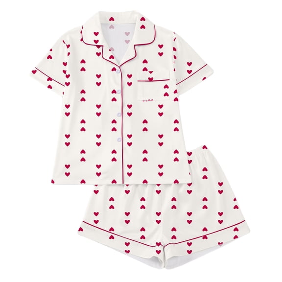 SwiftWear Women's Lapel Collar Pajama Set Heart Print Sleepwear Short Sleeve Shorts Set Silky Feel Loungewear, Red