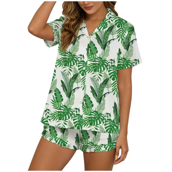 SwiftWear Women's Leaf Print Lapel Pajama Set Short Sleeve Sleepwear Drawstring Shorts Cute Button-Down Lounge Set, Green