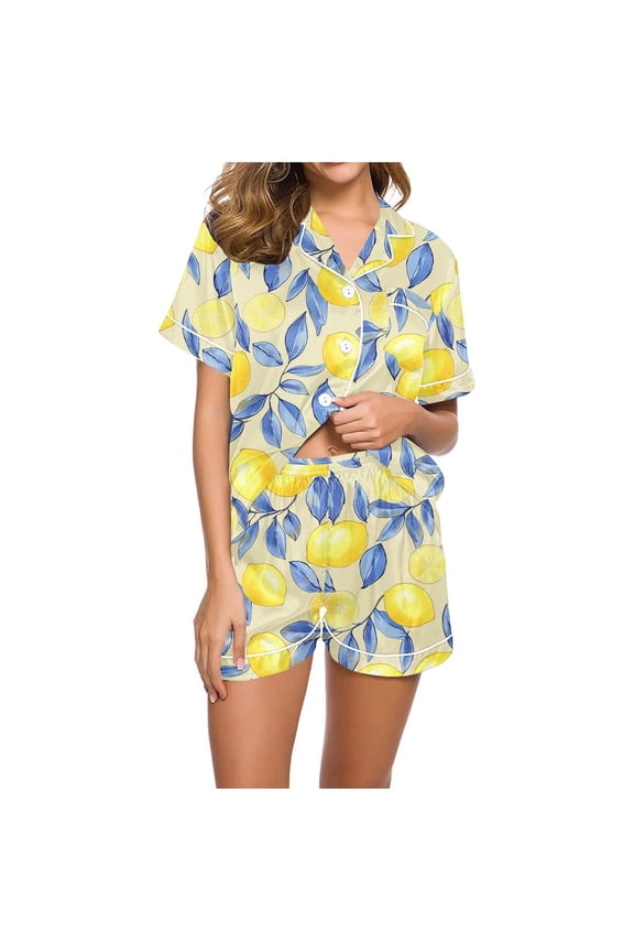 Women's Lemon-Print Cute Satin-Like Silk Pajamas Set - Short Sleeve Notched Collar Top & Shorts Sleepwear | Fresh Vibrant Citrus Design for Home Comfort