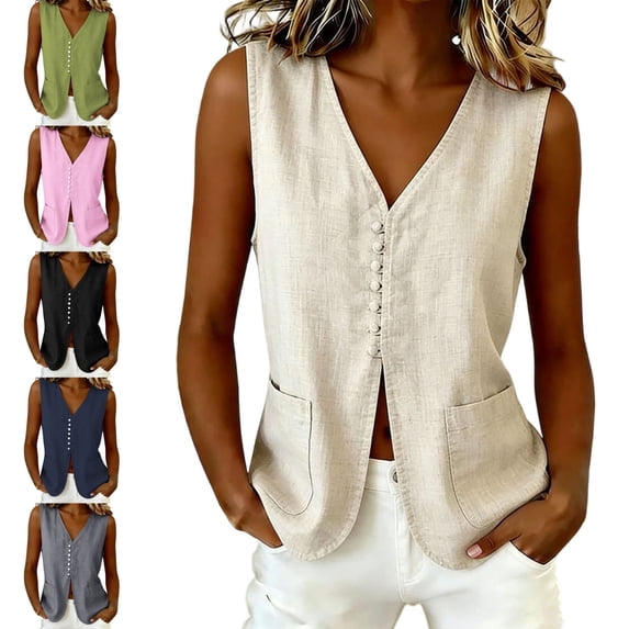 SwiftWear Women's Linen Blend Button Front Tank Top Vest V-Neck Sleeveless Overshirt with Pockets, Lightweight Summer Outerwear