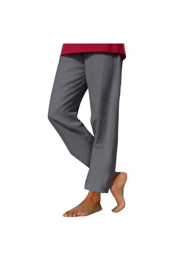 Women's Linen-Blend Drawstring Waist Lounge Pants with Pockets, Plus Size Breathable Cotton Loose-Fit Trousers Comfortable Casual Straight Leg Pants S-3XL