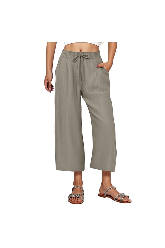 Women's Linen-Style Drawstring Waist Pants with Back Pockets, Plus Size Wide Leg Cropped Pants S-3XL