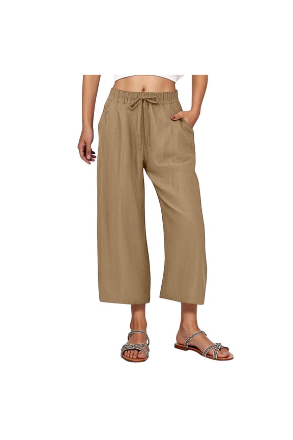 Women's Linen-Style Drawstring Waist Pants with Back Pockets, Plus Size Wide Leg Cropped Pants S-3XL