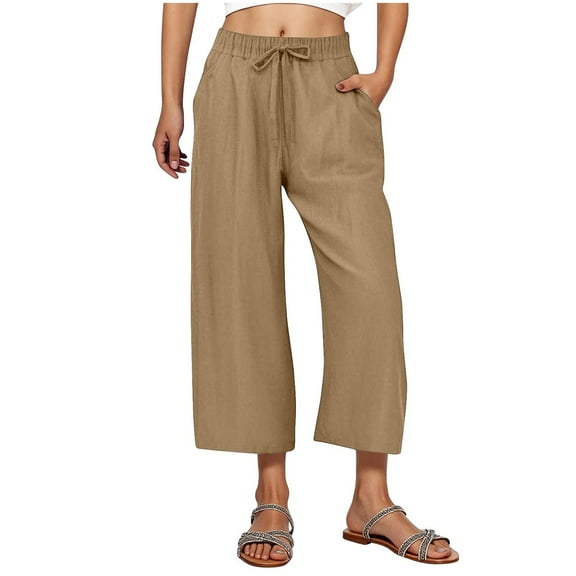 SwiftWear Women's Linen-Style Drawstring Waist Pants with Back Pockets, Plus Size Wide Leg Cropped Pants S-3XL