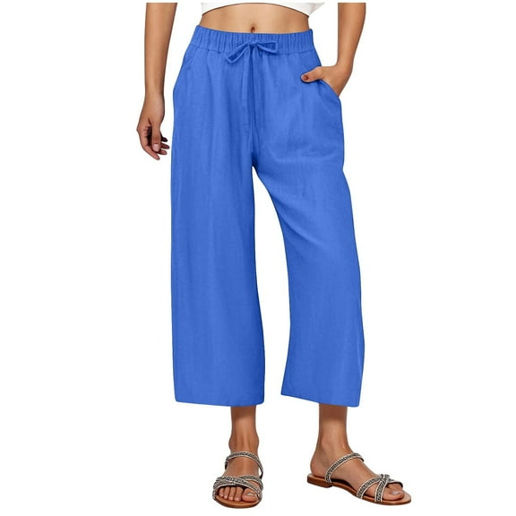 SwiftWear Women's Linen-Style Drawstring Waist Pants with Back Pockets, Plus Size Wide Leg Cropped Pants S-3XL
