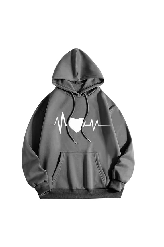 Women's Long Heartbeat Print Hooded Sweatshirt Oversized Love Graphic Pullover Hoodie with Kangaroo Pocket, Soft Fall Winter Loungewear Dark Gray