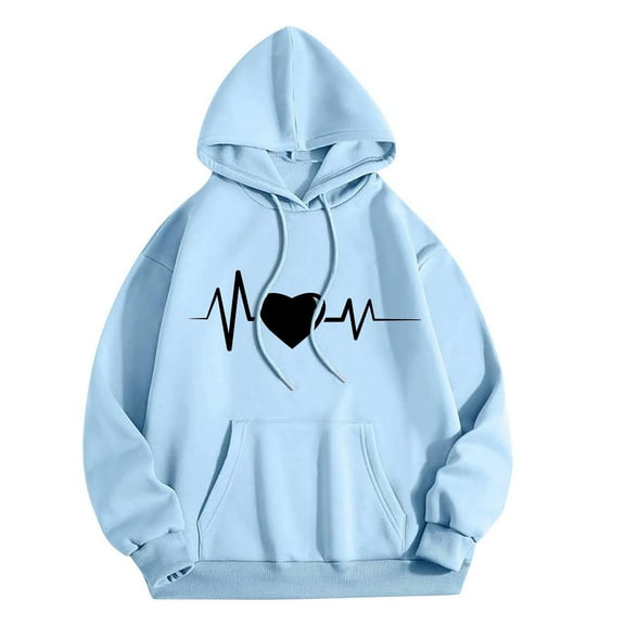 SwiftWear Women's Long Heartbeat Print Hooded Sweatshirt Oversized Love Graphic Pullover Hoodie with Kangaroo Pocket, Soft Fall Winter Loungewear Light Blue