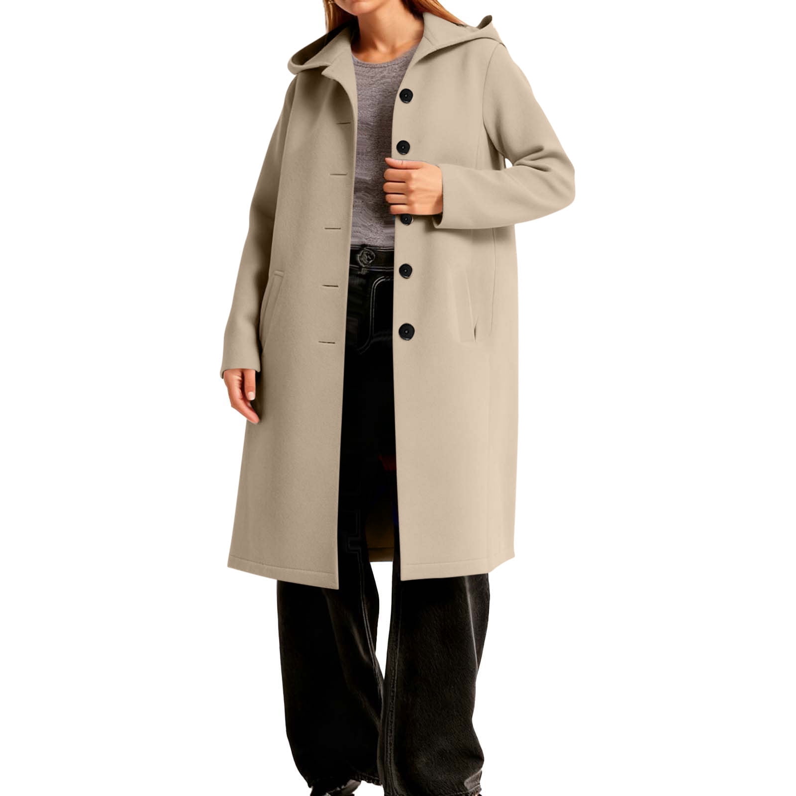 Women's Long Hooded Coat Oversized Button Front Jacket with Pockets,Winter Outerwear for Casual Wear