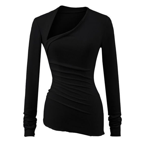 SwiftWear Women's Long Sleeve Asymmetrical V-Neck Shirt Slim Fit Stretch Knit Going Out Tops Basic Layering Piece for Casual and Work, Black