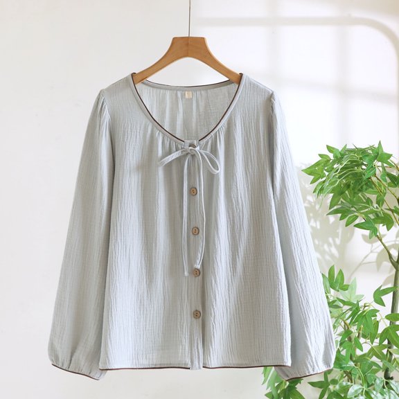 SwiftWear Women's Long Sleeve Casual Blouse Fall Spring Crew Neck Loose Fit Button Down Shirt Babydoll Flowy Basic Cute ​Peasant​ Tops​ Blue