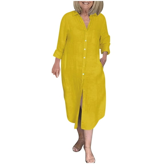 SwiftWear Women’s Long Sleeve Cotton Linen Shirt Dress S-3XL | Casual Button-Down Split Hem Loose Fit Summer/Fall Dress with Pockets