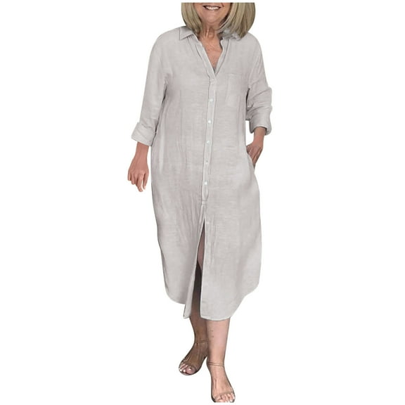 SwiftWear Women’s Long Sleeve Cotton Linen Shirt Dress S-3XL | Casual Button-Down Split Hem Loose Fit Summer/Fall Dress with Pockets